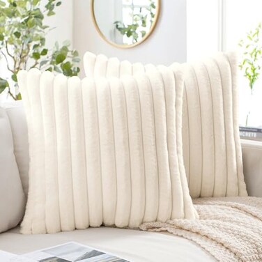 MIULEE Faux Fur Decorative Throw Pillow Covers 18x18 Inch Set of 2 Modern Spring Home Decor Soft Plush Couch Pillows Cozy Fluffy Cushion Covers for Sofa Bed Beige