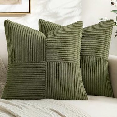 MIULEE Olive Green Decorative Throw Pillow Covers 18x18 Inch for Couch Bed Sofa Pack of 2 Boho Farmhouse Throw Pillows Soft Cross Corduroy Patchwork Textured Cushion Cases