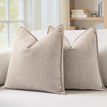 MIULEE Pack of 2 Beige Decorative Pillow Covers 24x24 Inch Soft Chenille Luxurious Couch Throw Pillows Farmhouse Cushion Covers Euro Shams with Elegant Design for Sofa Bed Living Room Spring Decor