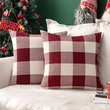 MIULEE Pack of 2 Christmas Farmhouse Checkers Buffalo Plaids Polyester Linen Soft Soild Square Porch Throw Pillow Covers Home Decor Cushion Case for Sofa Bedroom Outdoor 20 x 20 Inch Red and White