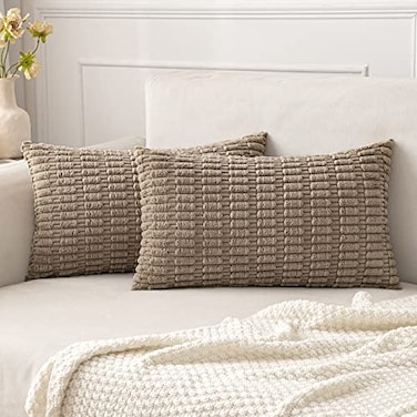 MIULEE Pack of 2 Corduroy Decorative Lumbar Throw Pillow Covers 20x12 Inch Soft Boho Striped Pillow Covers Modern Farmhouse Home Decor for Sofa Living Room Couch Bed Light Brown