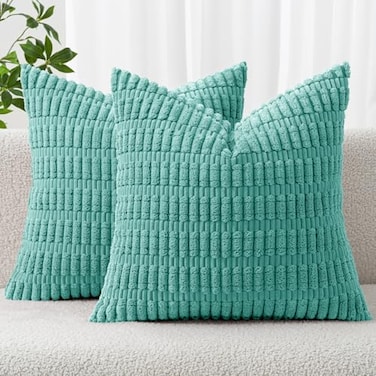 MIULEE Pack of 2 Corduroy Decorative Throw Pillow Covers 18x18 Inch Soft Boho Striped Pillow Covers Modern Farmhouse Home Decor for Summer Sofa Living Room Couch Bed Aqua Green