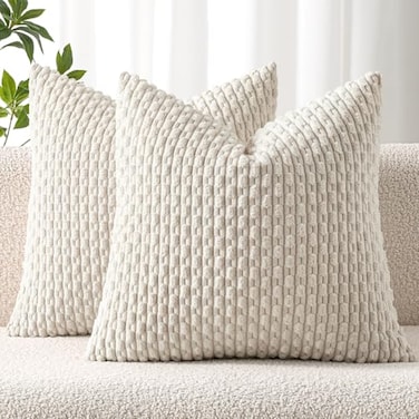 MIULEE Pack of 2 Decorative Throw Pillow Covers 20x20 Inch Soft Boho Striped Textured Corduroy Pillow Covers Modern Farmhouse Home Decor for Couch Bed Sofa Living Room Cream White