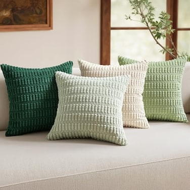 MIULEE Pack of 4 Summer Neutral Corduroy Decorative Throw Pillow Covers 18x18 Inch Farmhouse Boho Rustic Soft Striped Pillow Covers Home Decor for Sofa Living Room Couch Bed Green