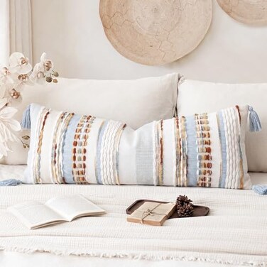 NUYECY Chenille and Cotton Long Pillow for BedStriped Textured Boho Long Lumbar Throw Pillow Cover 14x36Neutral Accent Decorative Body Pillow Case for Couch Sofa BedroomLight Blue Earth Tones