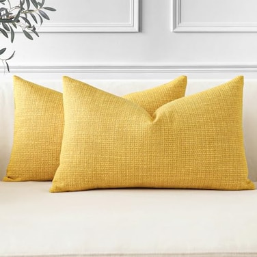 OTOSTAR Pack of 2 Throw Pillow Covers 12x20 Inch Linen Yellow Pillowcases Farmhouse Decorative Solid Pillow Covers 30x50 cm Lumbar Cushion Case for Home Decor Sofa Couch Bed Yellow