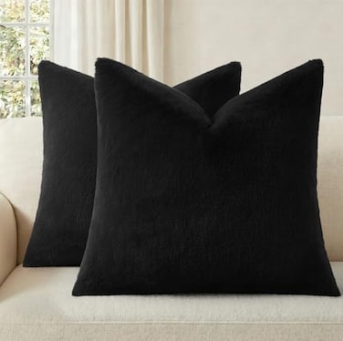 Pallene Faux Fur Plush Throw Pillow Covers 18x18 Set of 2 Luxury Soft Fluffy Cozy Decorative Pillow Covers for Sofa Couch Living Room Black