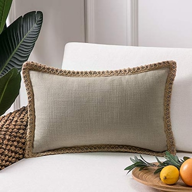 Phantoscope Farmhouse Solid Throw Decorative Pillow Cover Burlap Linen Trimmed Tailored Edges Outdoor Pillow Beige 12 x 20 inches 30 x 50 cm