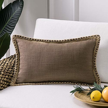 Phantoscope Farmhouse Throw Decorative Pillow Cover Burlap Linen Trimmed Tailored Edges Outdoor Pillow GeometricPattern Coffee 12 x 20 inches 30 x 50 cm
