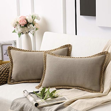 Phantoscope Pack of 2 Farmhouse Decorative Throw Decorative Pillow Cover Burlap Linen Trimmed Tailored Edges Beige Plain 12 x 20 inches 30 x 50 cm