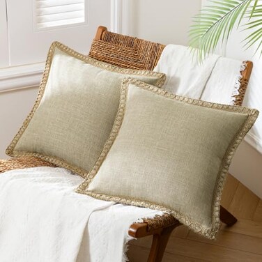 Phantoscope Pack of 2 Farmhouse Modern Fall Decorative Solid Throw Pillow Cover Burlap Linen Trimmed Tailored Edges Outdoor Pillows Oatmeal 18 x 18 inches 45 x 45 cm