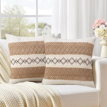 Pyonic Pack of 2 Boho Throw Pillow Covers 18x18 Inch Farmhouse Decorative Throw Pillows for Bed Sofa Living RoomBeige Modern Cushion Cover Couch Pillows Cover Home Decor