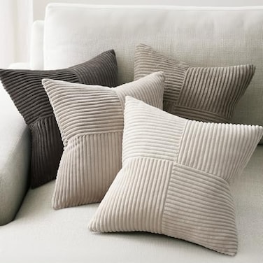 Topfinel Decorative Neutral Gray Throw Pillow Covers for CouchBoho Cozy Soft Cushion Covers Set of 4 with CorduroyAccent Pillowcases for SofaBedLiving Room Home Decor 1818 Inch CreamGrey