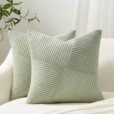 Topfinel Set of 2 Sagegreen Decorative Yellow Throw Pillow Covers 18x18 Inch for Couch Sofa Bed Farmhouse Boho Rustic Home DecorSoft Corduroy Windmill Textured Striped Patchwork Cushion Cases