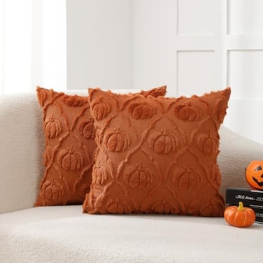 VAKADO Fall Throw Pillow Covers 18x18 Set of 2 Thanksgiving Pumpkin Couch Halloween Decor Bed Rust Autumn Kitchen Farmhouse Decorative Plush Embroidered Velvet Square Cushion Cases Home for Sofa