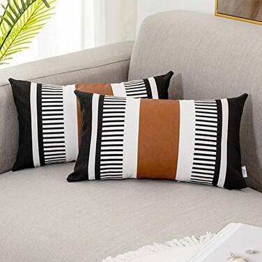 Vfuty 2 Pack 12x20 Lumbar Throw Pillow Covers Faux Leather Cotton Canvas with Black Stripes Rectangular Decorative Pillow Case for Living Room Sofa Couch Bedroom Modern Farmhouse Home Decor