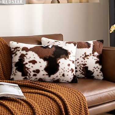 Woaboy Pack of 2 Luxury Faux Fur Throw Pillow Covers Cowhide Decorative Soft Fluffy Plush Couch Throws Brindle Cushion Covers for Couch Living Room Sofa Bedroom 12x20 Inch