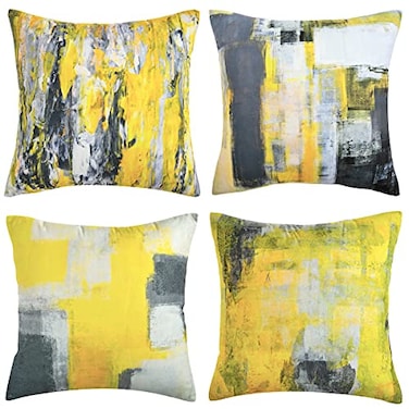 Wosendy Yellow and Grey Throw Pillow Covers Decorative Accent Pillows Velvet Sofa Pillows for Living Room Bedroom Chair Couch Set of 4 Pack 20 x 20 inch