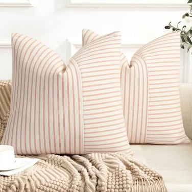 YCOLL Fall Pillow Covers 18x18 Modern Accent Throw Pillow Covers Set of 2 Burnt Orange Striped Patchwork Linen Decorative Pillows Cushion Covers for Couch Chair Bedroom Home Decor