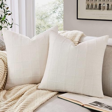 ZeeMart Linen Checked Throw Pillow Covers Set of 2 18x18 Inch IvoryCream Farmhouse Decorative Single Sided Grid Embroidered Couch Pillow Cases Off White Cotton Linen Cushion Covers