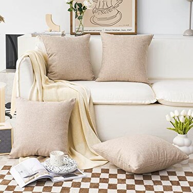 Home Brilliant Throw Pillow Covers 18x18 Lined Linen Square Pillow Covers for Couch Sofa Decor Set of 4 Light Linen 18 inch