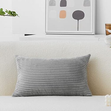 Home Brilliant Lumbar Pillow Cover 12x20 Plush Velvet Corduroy Striped Rectangular Throw Pillows Pillow Case Cushion Cover 12 x 20 Light Grey