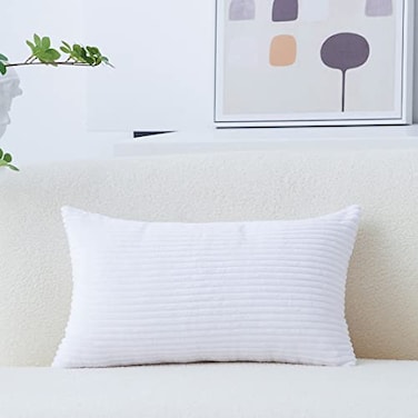 Home Brilliant Oblong Pillow Cover Decorative Striped Corduroy Rectangle Cushion Cover for Couch 12 x 20 Inch Pure White
