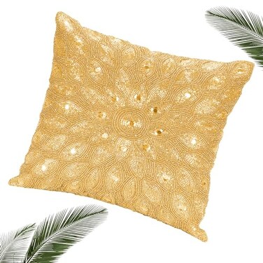 Light & Lightnpro Handmade Gold Beaded Pillow Cover 12x12 Inch Elegant Accent Decorative Cushion Case for Couch Sofa and Bed Boho Glam Throw Pillowcase Cover Only 1 Pack