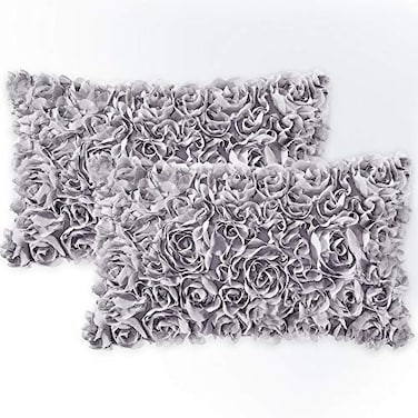 MIULEE 3D Rose Flower Pillow Covers Pack of 2 Decorative Spring Floral Romantic Stereo Chiffon Aesthetic Solid Pillowcase for Girl Bedroom Living Room Decor 12x20 Inch Grey