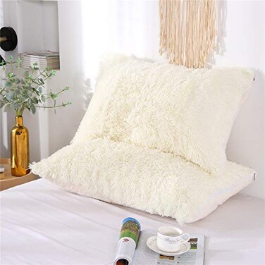 MOOWOO Fluffy Pillowcase Standard Size Set of 2 Creamy White Sherpa Shaggy Pillow Cases Decorative Covers with Zipper Cream White