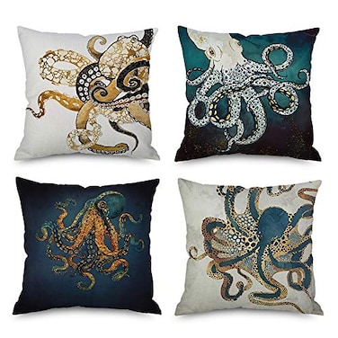 Andreannie Pack of 4Ink Painting Marine Octopus Squid Sea Animals Cotton Linen Decorative Throw Pillow Case Personalized Cushion Cover for Sofa Couch Bed Square 18 X 18 Inches