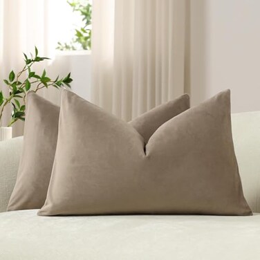 DEZENE Lumbar Pillow Covers 12x20 Taupe Pack of 2 Cozy Soft Velvet Rectangular Modern Luxury Decorative Throw Pillow Cases for Sofa Couch Living Room Bed Home Decor