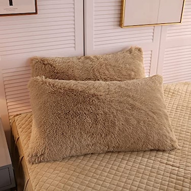 LIFEREVO 2 Pack Faux Fur Pillow ShamsShaggy Plush Home Decorative Luxury Series Super Soft Furry Pillow Case with Zipper Closure for Home Sofa Couch DecorationStandard Camel20x26