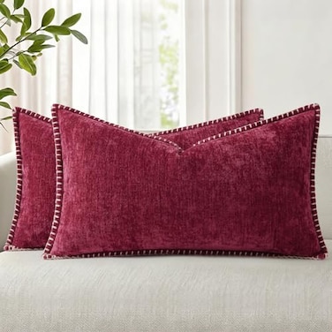 decorUhome Chenille Soft Cozy Throw Pillow Covers 12x20 Set of 2 Modern Farmhouse Boho Velvet Decorative Pillow Cases with Stitched Edge for Couch Sofa Bed Home Decor Rhododendron