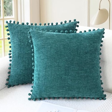 CaliTime Throw Pillow Covers Decorative 18 X 18 Inches Pack of 2 Cozy Solid Dyed Soft Chenille Cushion Cases with Pom Poms for Couch Sofa Bed Living Room Home Teal