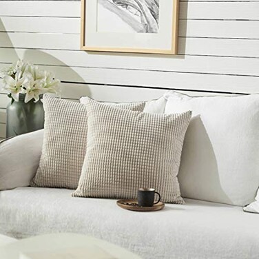 FY FIBER HOUSE Pack of 2 Comfy Corduroy Corn Granules Throw Pillow Covers Soft Decorative Square Cushion Pillowcase for Couch Sofa Bed 16 X 16 Inch Cream
