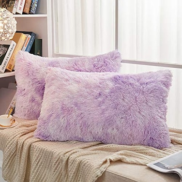 JAUXIO Faux Fur Decorative Throw Pillow Shams 2 Pack Abstract Style Tie Dye Printed Shaggy Pillowcases Crystal Velvet Reverse Queen Size 20X26 Inches Lilac