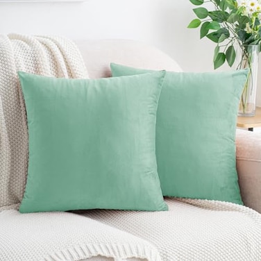 HWY 50 Aqua Green Velvet Throw Pillow Covers 18x18 Inch Pack of 2 Soft Cozy Solid Decorative Luxury Cushion Cases for Couch Sofa Bed Living Room Bedroom