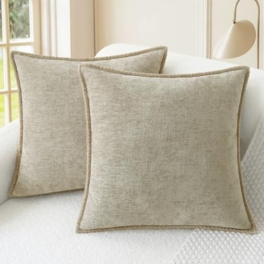 CaliTime Throw Pillow Covers Decorative 22 X 22 Inches Pack of 2 Cotton Thread Stitching Edges Solid Dyed Soft Chenille Cushion Cases for Couch Sofa Bed Living Room Farmhouse Light Taupe