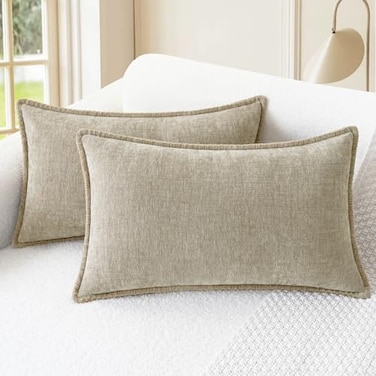 CaliTime Throw Pillow Covers Decorative 12 X 20 Inches Pack of 2 Cotton Thread Stitching Edges Solid Dyed Soft Chenille Cushion Cases for Couch Sofa Bed Living Room Farmhouse Light Taupe