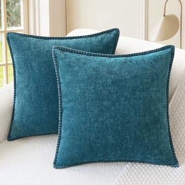 CaliTime Throw Pillow Covers Decorative 18 X 18 Inches Pack of 2 Cotton Thread Stitching Edges Solid Dyed Soft Chenille Cushion Cases for Couch Sofa Bed Living Room Farmhouse Ocean Blue