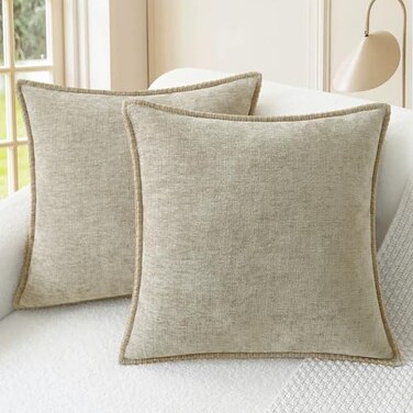 CaliTime Throw Pillow Covers Decorative 20 X 20 Inches Pack of 2 Cotton Thread Stitching Edges Solid Dyed Soft Chenille Cushion Cases for Couch Sofa Bed Living Room Farmhouse Light Taupe