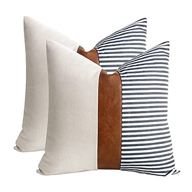 cygnus 20x20 Pillow Covers Set of 2 Farmhouse Decor Stripe Patchwork Linen Throw Pillow Covers Modern Faux Leather Covers for Couch SofaNavy Blue