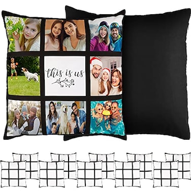 Sieral 6 Pieces Sublimation Blank Pillow Case 9 Grid 16 Valentine DIY Gift for Women Men Customized Cushion Cover Polyester Black Throw Pillowcase for Family Sofa Couch No Pillow Insert