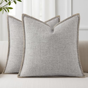 decorUhome Summer Decorative Throw Pillow Covers 18x18 Set of 2 Square Faux Linen Outdoor Neutral Farmhouse Pillow Covers with Stitched Edge for Couch Sofa Living Room Light Grey