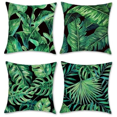 Bonhause Tropical Green Leaves Pillow Covers 18x18 Palm Leaf Decorative Pillow Cases Polyester Linen Summer Cushion Covers for Sofa Couch Home Decor Set of 4