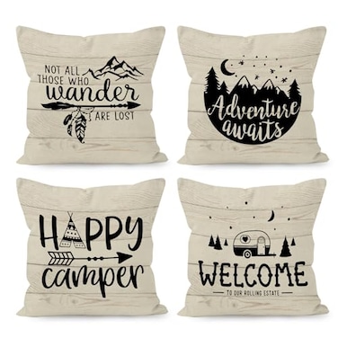 HUYAW Happy Camper Camping Welcome Decorative Throw Pillow Covers Adventure Awaits Pillow Cases Set of 4 18 x 18 Inch Home RV Decor