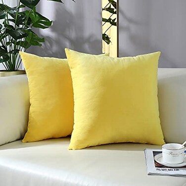 mixeoo Comfy Lemon Yellow Throw Pillow Covers Decorative Square Solid Thick Velvet Super Soft Cushion Cases Home Decor for Sofa Couch Living Room Chair Set of 2 18 x 18 Inch