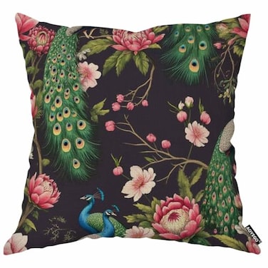AOYEGO Peacock On Cherry Tree Throw Pillow Cover Beautiful Bird Feather Wings Floral Branch Botanical Pillow Case 18x18 Inch Decorative Cotton Linen Square Cushion for Home Couch Bed