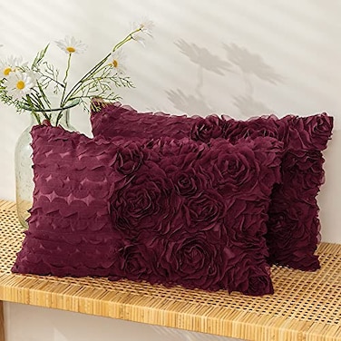 CaliTime Throw Pillow Cases Pack of 2 Solid 3D Stereo Chiffon Wave Rose Flower Decorative Cushion Covers Shells for Couch Sofa Bedroom 12 X 20 Inches Burgundy